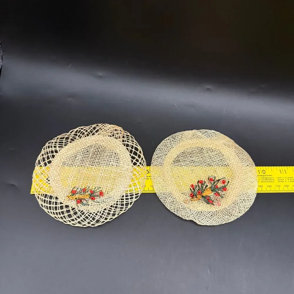 Vintage 6 Rattan Straw Lace Coasters Woven Flowers Floral
